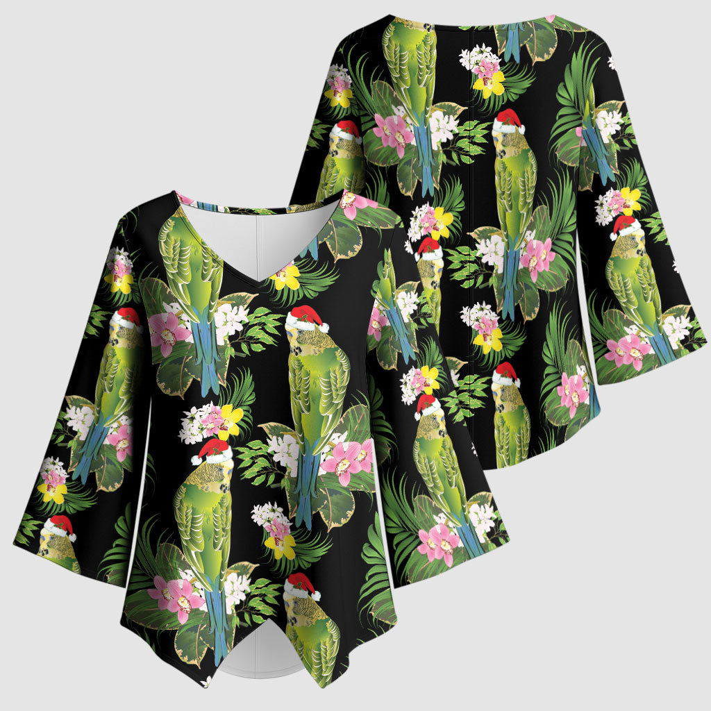 Aussie Santa Budgie Christmas Kimono Sleeve Blouse Black Parakeet Tropical Floral