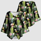 Aussie Santa Budgie Christmas Kimono Sleeve Blouse Black Parakeet Tropical Floral