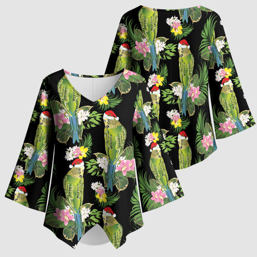 Aussie Santa Budgie Christmas Kimono Sleeve Blouse Black Parakeet Tropical Floral