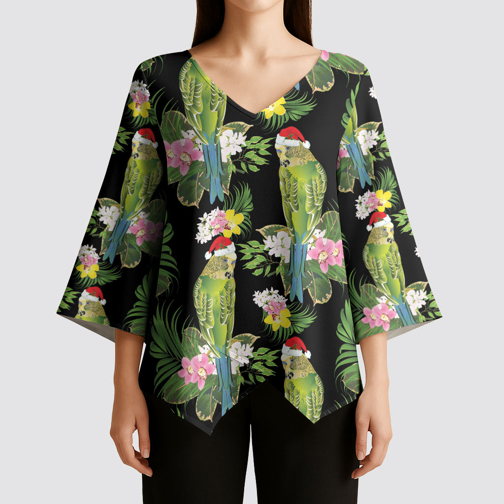 Aussie Santa Budgie Christmas Kimono Sleeve Blouse Black Parakeet Tropical Floral