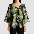 Aussie Santa Budgie Christmas Kimono Sleeve Blouse Black Parakeet Tropical Floral