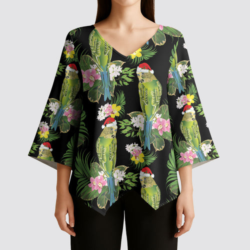 Aussie Santa Budgie Christmas Kimono Sleeve Blouse Black Parakeet Tropical Floral