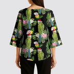 Aussie Santa Budgie Christmas Kimono Sleeve Blouse Black Parakeet Tropical Floral