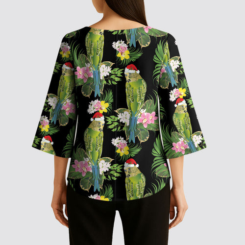 Aussie Santa Budgie Christmas Kimono Sleeve Blouse Black Parakeet Tropical Floral