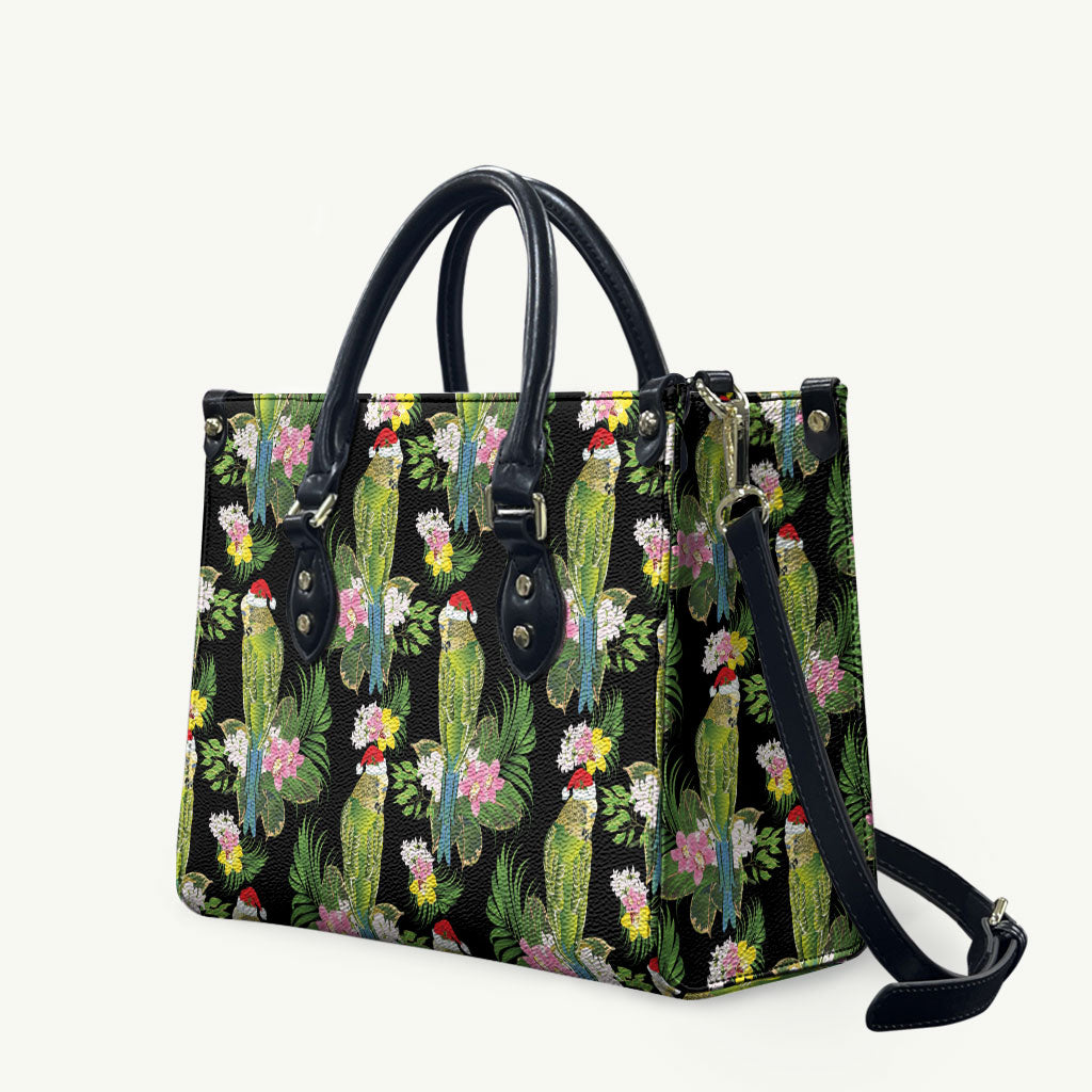 Aussie Santa Budgie Christmas Leather Bag Black Parakeet Tropical Floral