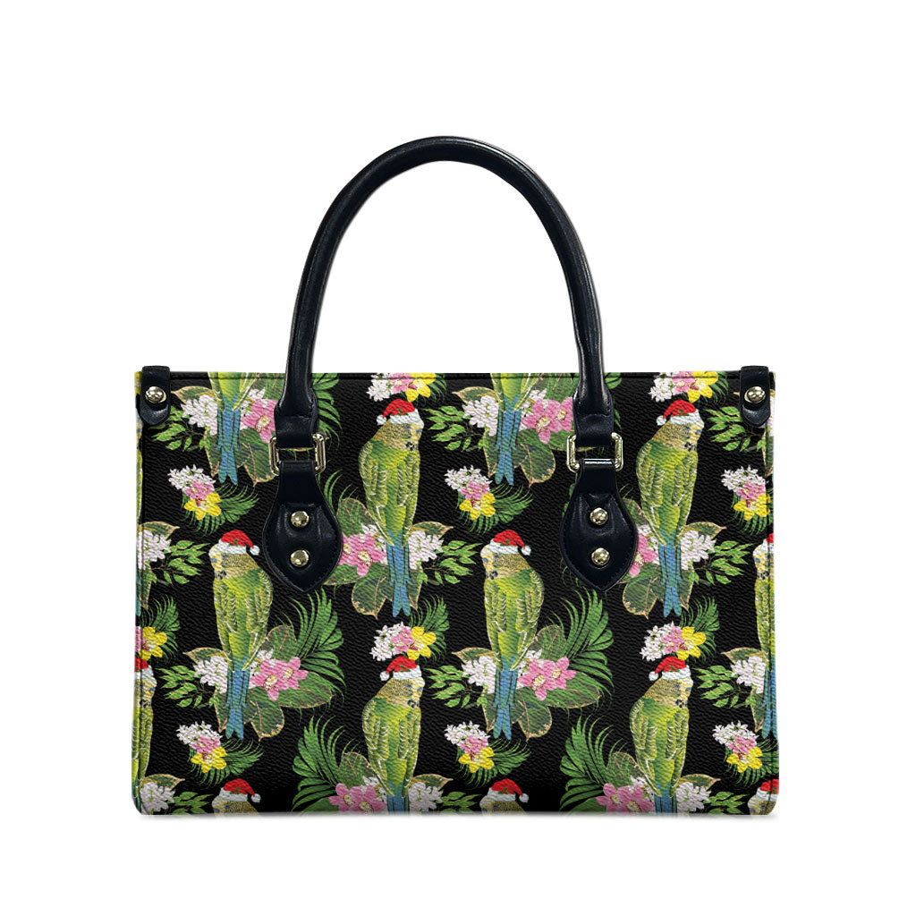Aussie Santa Budgie Christmas Leather Bag Black Parakeet Tropical Floral