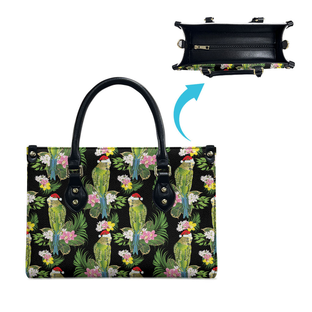 Aussie Santa Budgie Christmas Leather Bag Black Parakeet Tropical Floral
