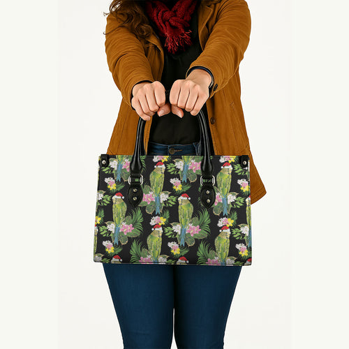 Aussie Santa Budgie Christmas Leather Bag Black Parakeet Tropical Floral