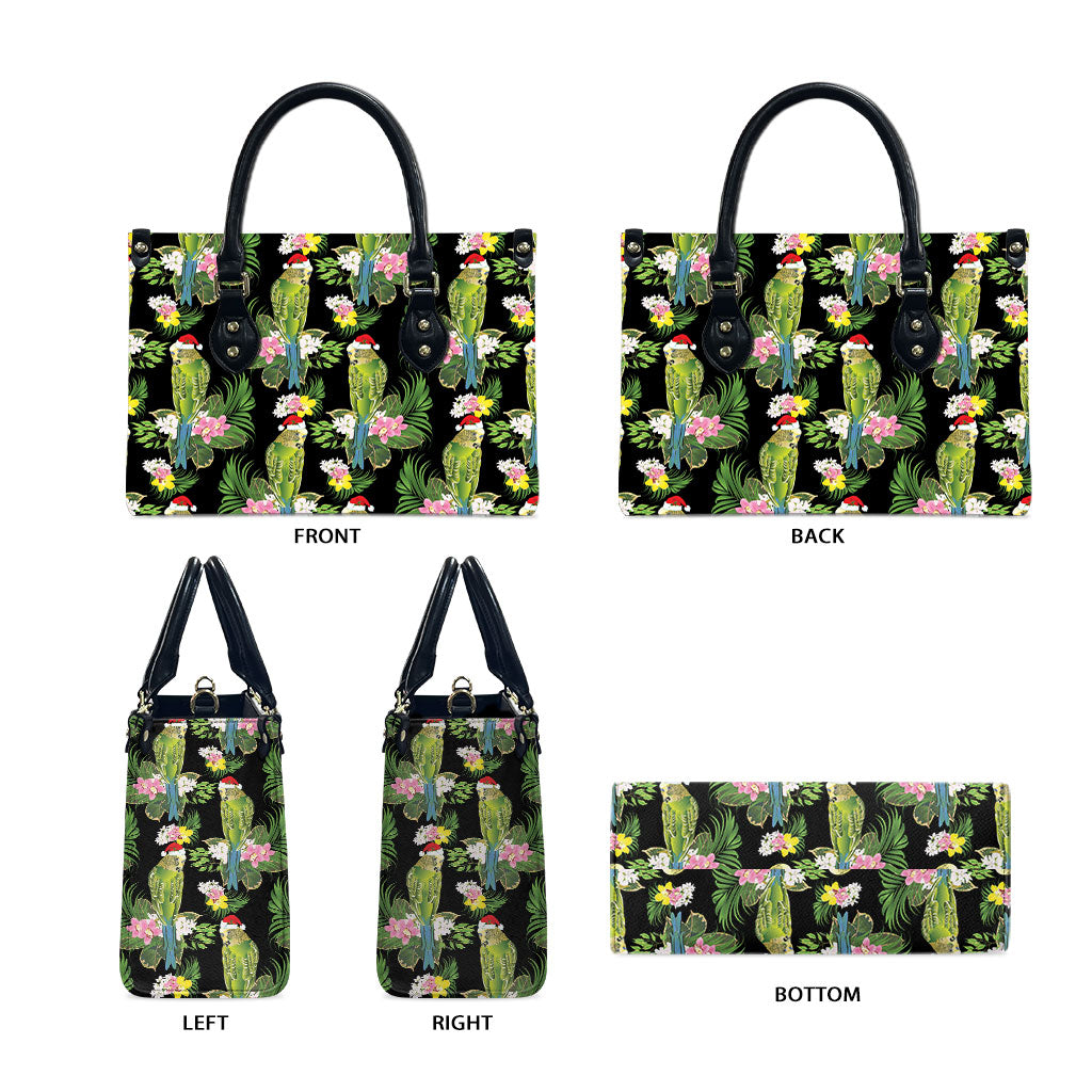 Aussie Santa Budgie Christmas Leather Bag Black Parakeet Tropical Floral