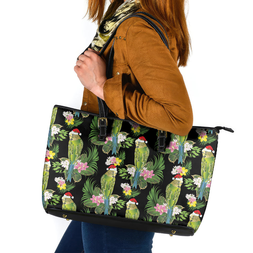 Aussie Santa Budgie Christmas Leather Tote Bag Black Parakeet Tropical Floral