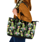 Aussie Santa Budgie Christmas Leather Tote Bag Black Parakeet Tropical Floral