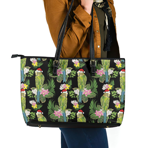 Aussie Santa Budgie Christmas Leather Tote Bag Black Parakeet Tropical Floral