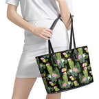 Aussie Santa Budgie Christmas Leather Tote Bag Black Parakeet Tropical Floral