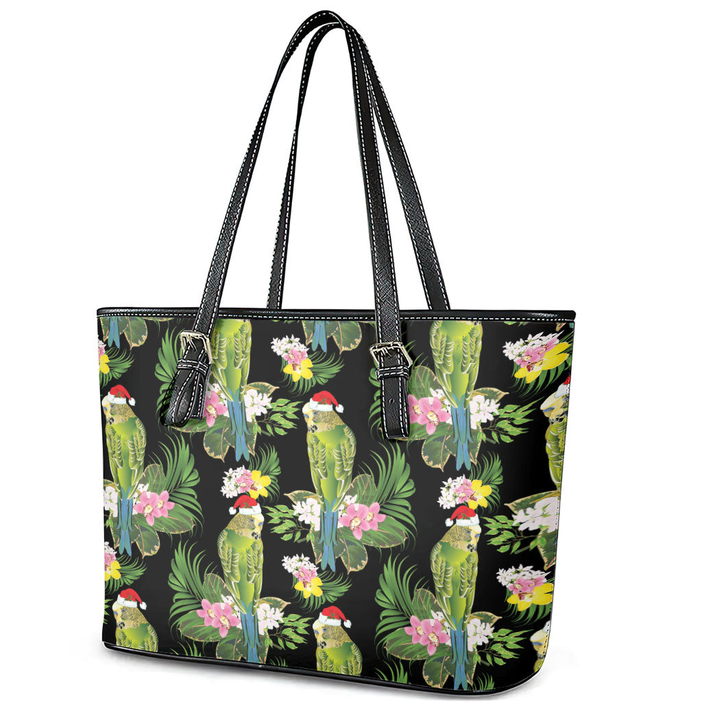 Aussie Santa Budgie Christmas Leather Tote Bag Black Parakeet Tropical Floral