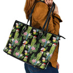Aussie Santa Budgie Christmas Leather Tote Bag Black Parakeet Tropical Floral