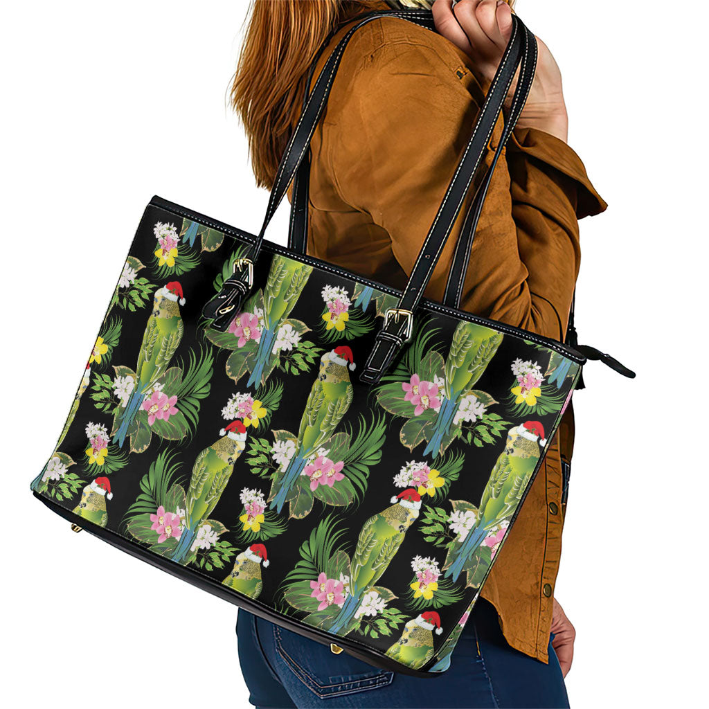 Aussie Santa Budgie Christmas Leather Tote Bag Black Parakeet Tropical Floral