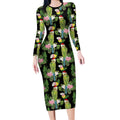 Aussie Santa Budgie Christmas Long Sleeve Bodycon Dress Black Parakeet Tropical Floral