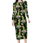 Aussie Santa Budgie Christmas Long Sleeve Bodycon Dress Black Parakeet Tropical Floral