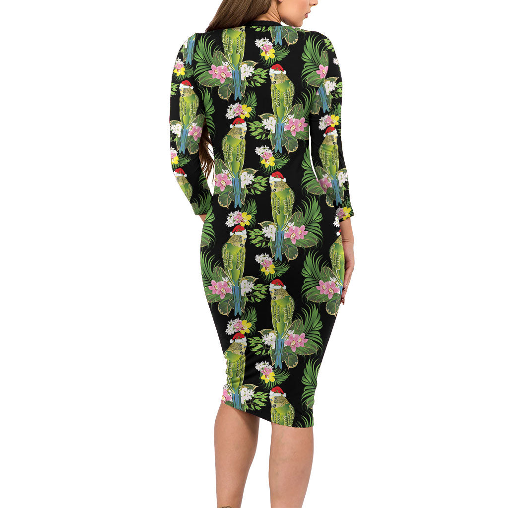 Aussie Santa Budgie Christmas Long Sleeve Bodycon Dress Black Parakeet Tropical Floral