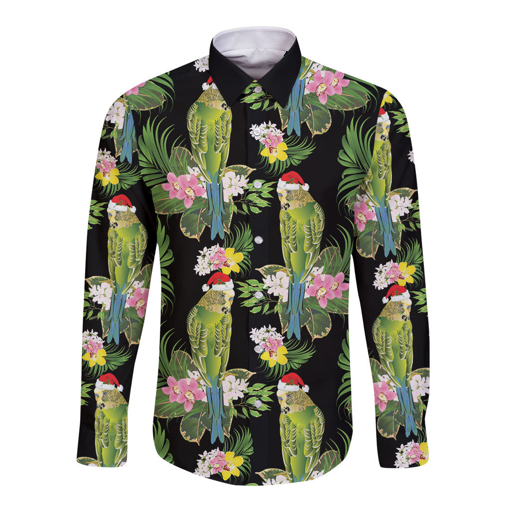 Aussie Santa Budgie Christmas Long Sleeve Button Shirt Black Parakeet Tropical Floral