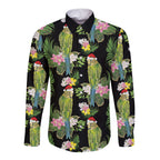 Aussie Santa Budgie Christmas Long Sleeve Button Shirt Black Parakeet Tropical Floral