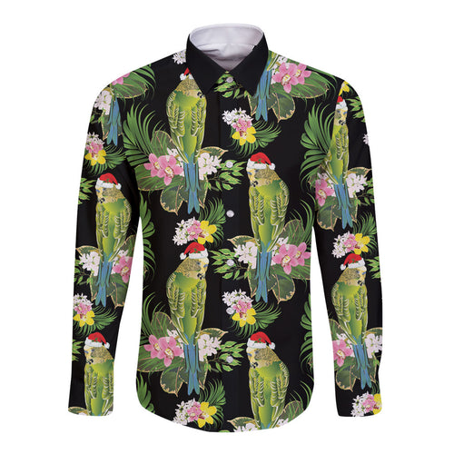 Aussie Santa Budgie Christmas Long Sleeve Button Shirt Black Parakeet Tropical Floral