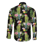 Aussie Santa Budgie Christmas Long Sleeve Button Shirt Black Parakeet Tropical Floral