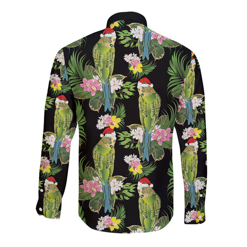 Aussie Santa Budgie Christmas Long Sleeve Button Shirt Black Parakeet Tropical Floral