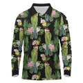 Aussie Santa Budgie Christmas Long Sleeve Polo Shirt Black Parakeet Tropical Floral