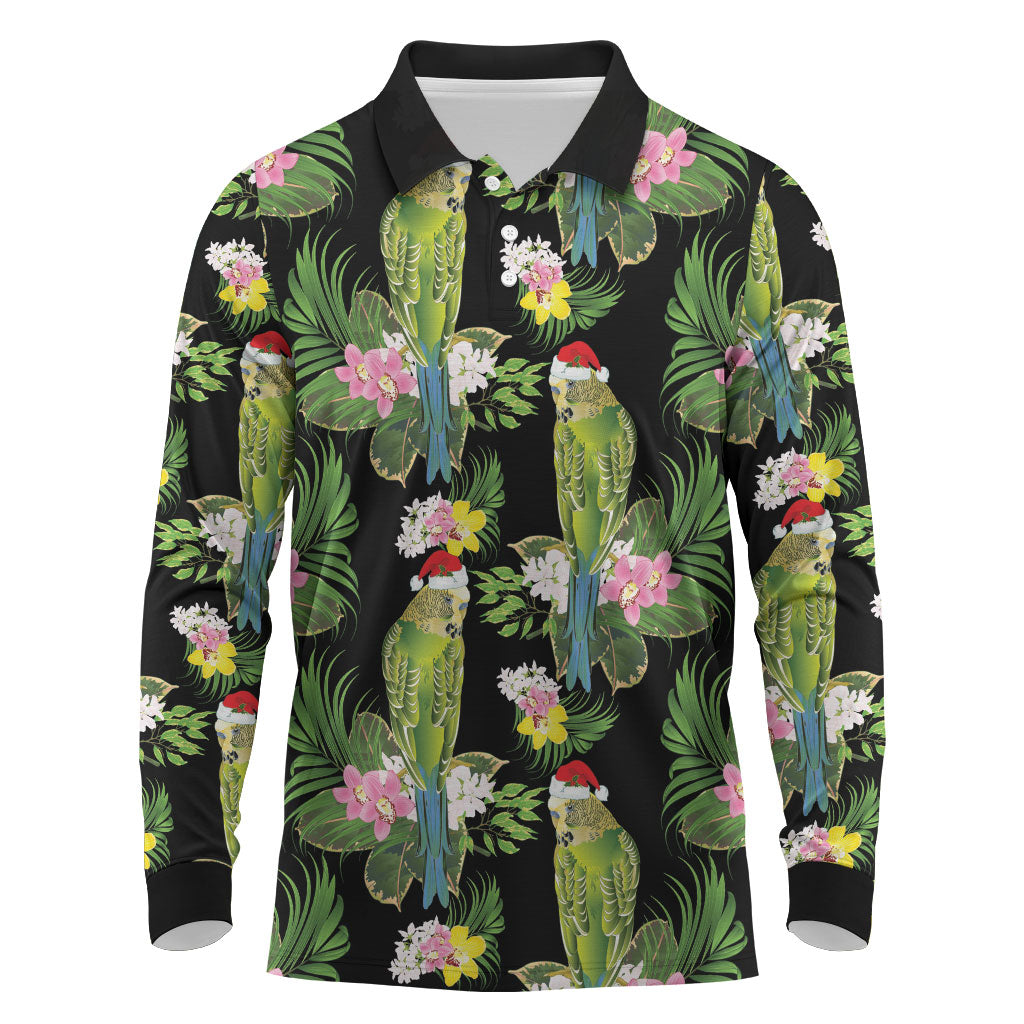 Aussie Santa Budgie Christmas Long Sleeve Polo Shirt Black Parakeet Tropical Floral