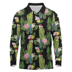 Aussie Santa Budgie Christmas Long Sleeve Polo Shirt Black Parakeet Tropical Floral