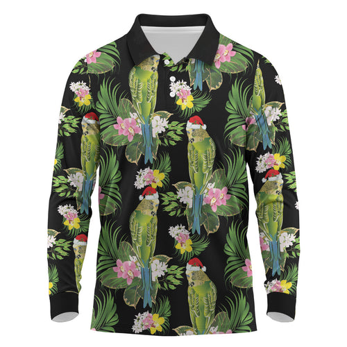 Aussie Santa Budgie Christmas Long Sleeve Polo Shirt Black Parakeet Tropical Floral