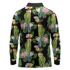 Aussie Santa Budgie Christmas Long Sleeve Polo Shirt Black Parakeet Tropical Floral