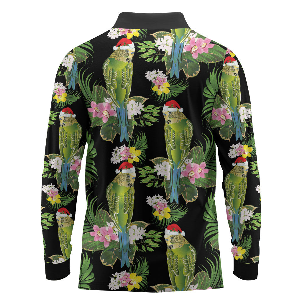 Aussie Santa Budgie Christmas Long Sleeve Polo Shirt Black Parakeet Tropical Floral