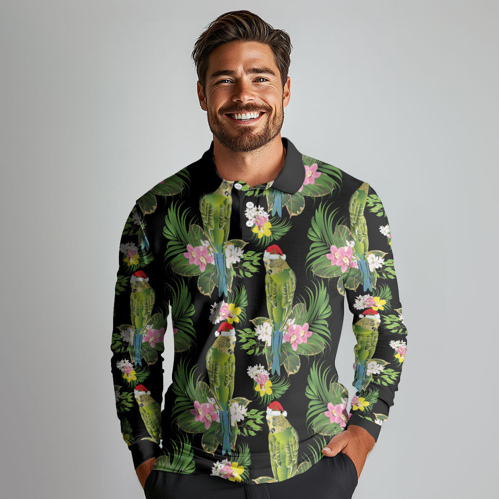 Aussie Santa Budgie Christmas Long Sleeve Polo Shirt Black Parakeet Tropical Floral