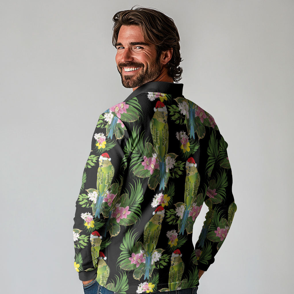 Aussie Santa Budgie Christmas Long Sleeve Polo Shirt Black Parakeet Tropical Floral
