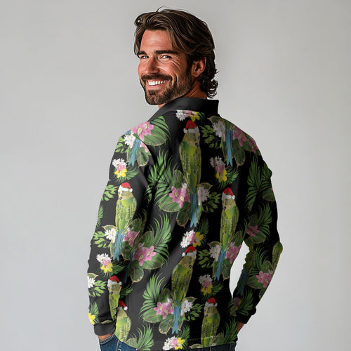 Aussie Santa Budgie Christmas Long Sleeve Polo Shirt Black Parakeet Tropical Floral