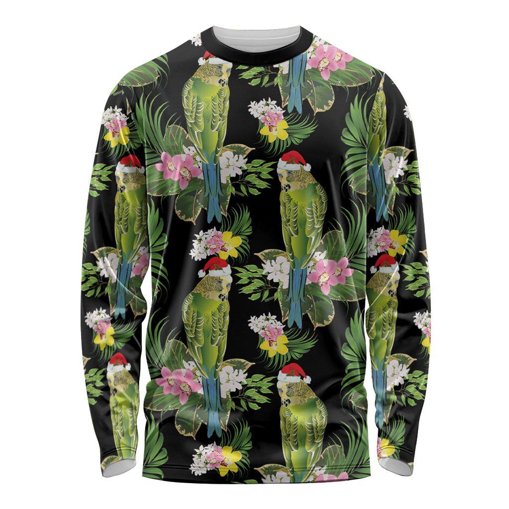 Aussie Santa Budgie Christmas Long Sleeve Shirt Black Parakeet Tropical Floral