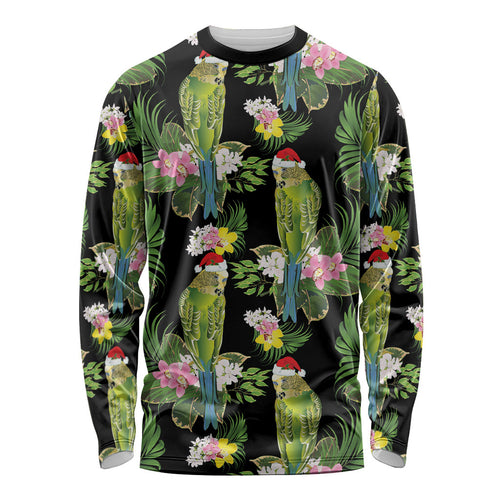 Aussie Santa Budgie Christmas Long Sleeve Shirt Black Parakeet Tropical Floral
