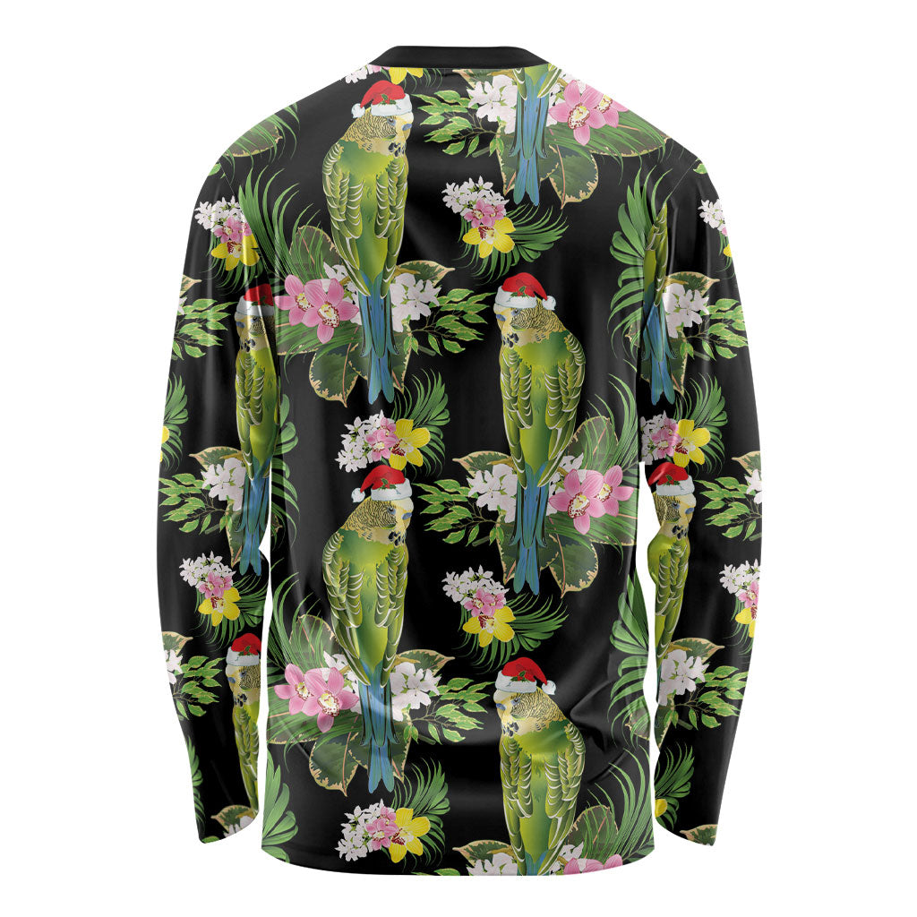 Aussie Santa Budgie Christmas Long Sleeve Shirt Black Parakeet Tropical Floral