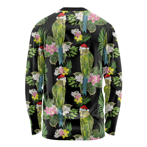 Aussie Santa Budgie Christmas Long Sleeve Shirt Black Parakeet Tropical Floral