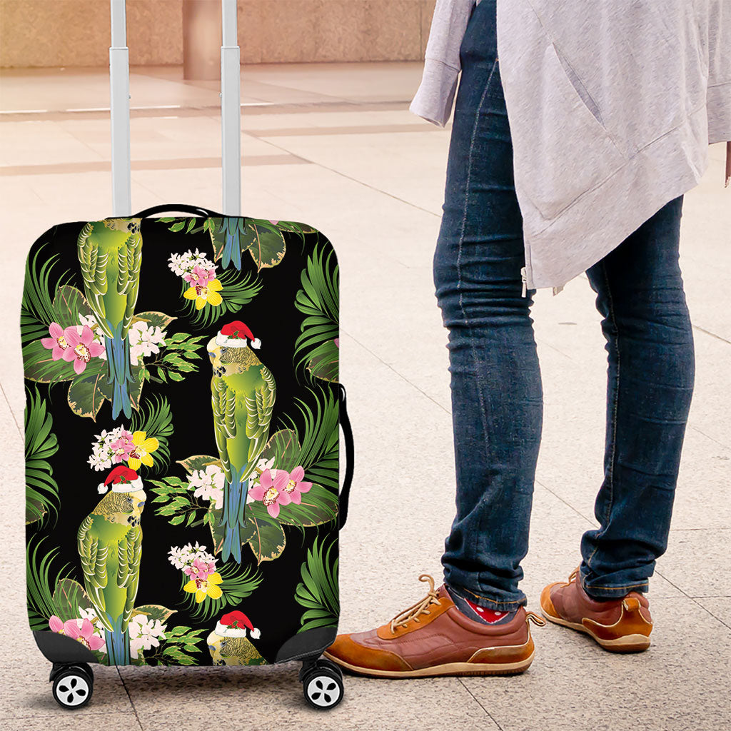 Aussie Santa Budgie Christmas Luggage Cover Black Parakeet Tropical Floral