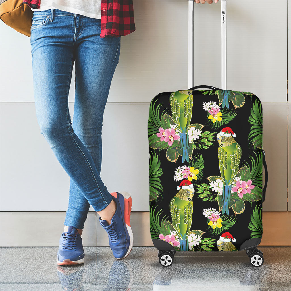 Aussie Santa Budgie Christmas Luggage Cover Black Parakeet Tropical Floral