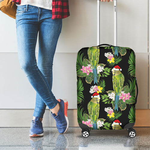 Aussie Santa Budgie Christmas Luggage Cover Black Parakeet Tropical Floral
