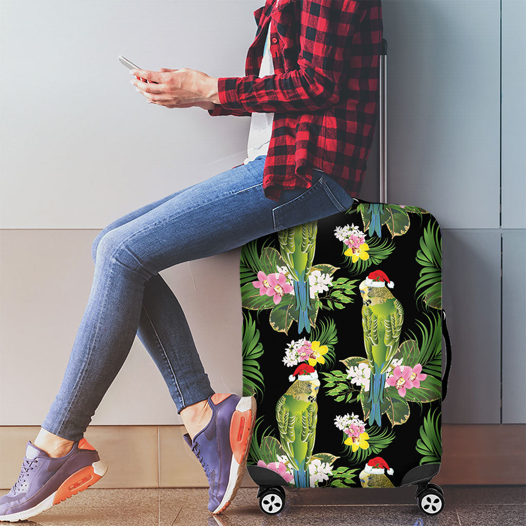 Aussie Santa Budgie Christmas Luggage Cover Black Parakeet Tropical Floral