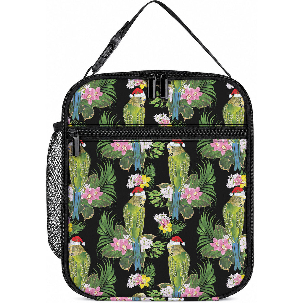 Aussie Santa Budgie Christmas Lunch Bag Black Parakeet Tropical Floral
