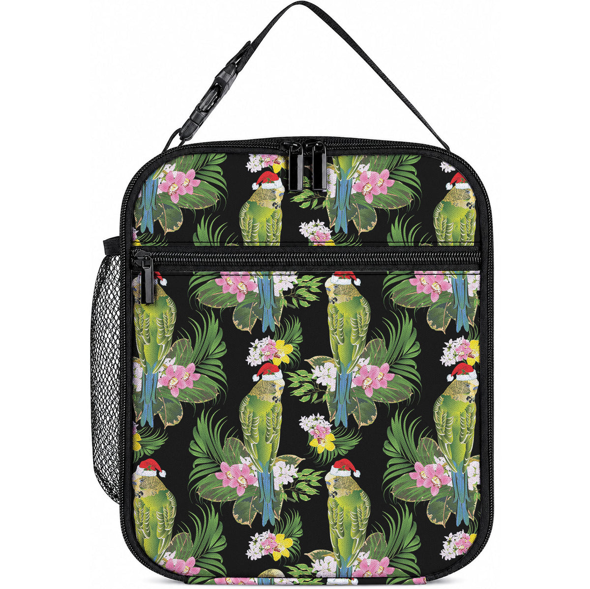 Aussie Santa Budgie Christmas Lunch Bag Black Parakeet Tropical Floral