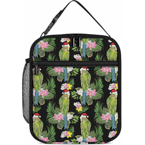 Aussie Santa Budgie Christmas Lunch Bag Black Parakeet Tropical Floral