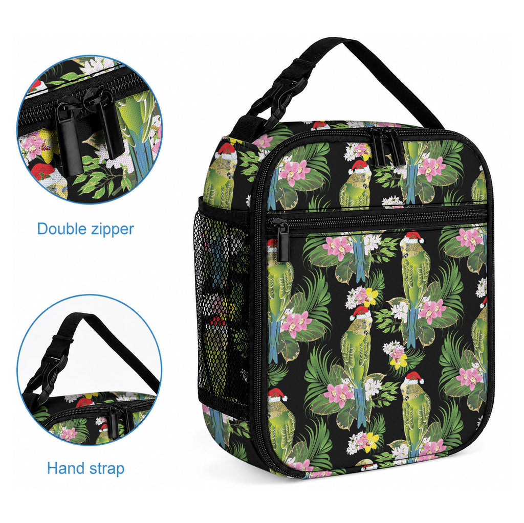 Aussie Santa Budgie Christmas Lunch Bag Black Parakeet Tropical Floral