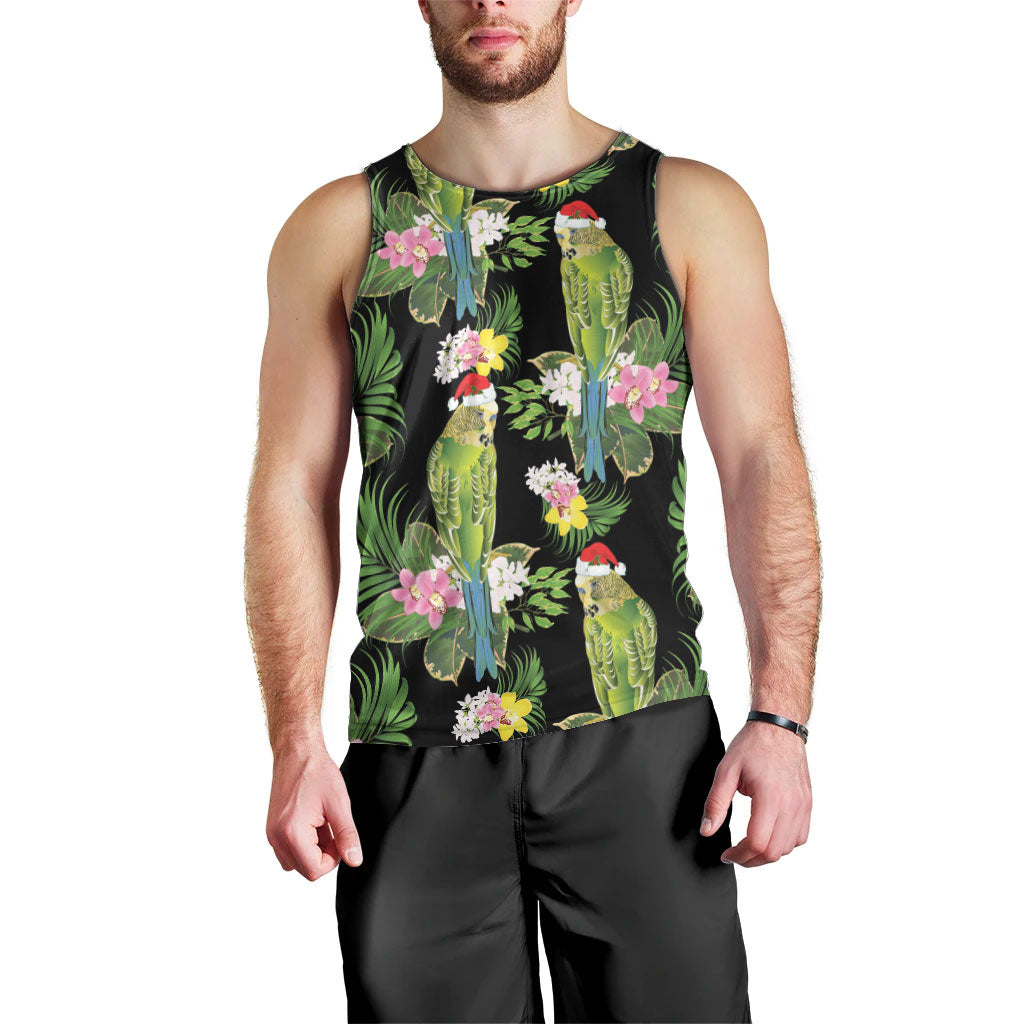 Aussie Santa Budgie Christmas Men Tank Top Black Parakeet Tropical Floral